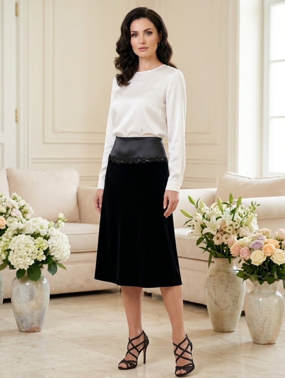 NWT🖤OLSEN Europe Elegant Velvet Skirt with SATIN&SEQUIN Detail SZ 40